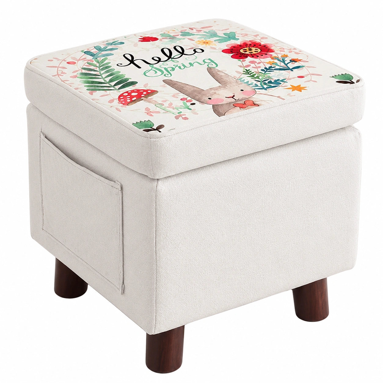 Taburete de Madera con Almacenamiento, Revestimiento de Tela, 32 cm, Multifuncional para Juguetes y Decoración, Antideslizante, Perfecto para Habitaciones (Gris)