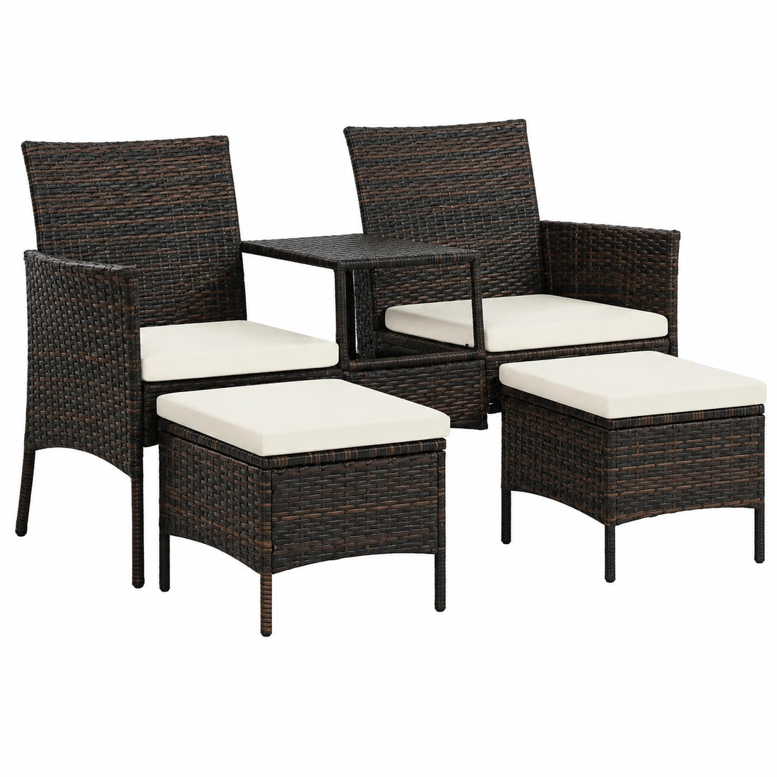 Conjunto de Muebles de Jardín de Polirratán Marrón, Sofá de 2 Plazas, Mesa y Puf