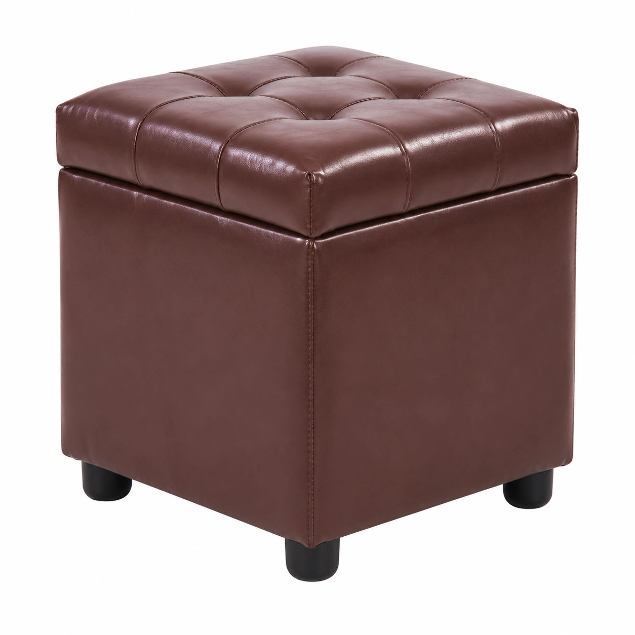 Puf de cuero marrón con base de madera, reposapiés y mesa auxiliar, 42 x 42 x 40 cm