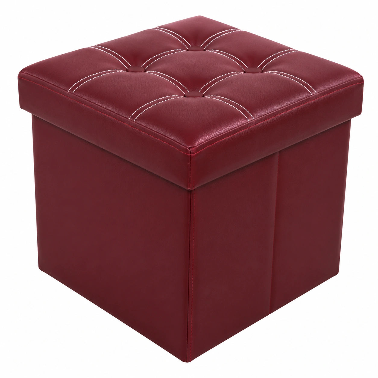 Puf Cuadrado Rojo Burdeos de Piel Sintética, Acolchado 29x31x31 cm
