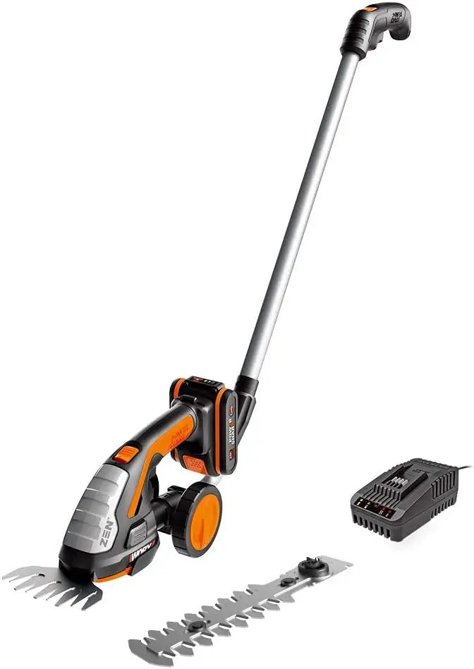 Worx Tijera de césped y Cortasetos inalámbrico 20V WG801E.3, PowerShare, 2 Hojas, 1 Mango telescópico, Cambio rápido de Hoja, 1 batería de 2Ah