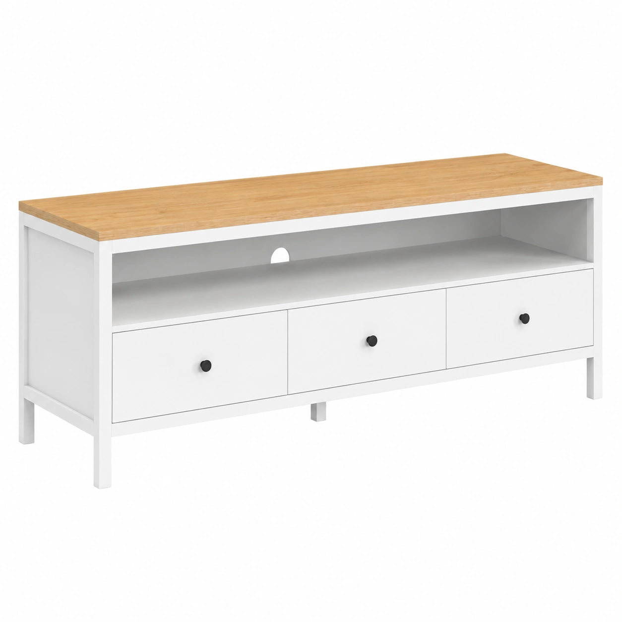 Mueble para TV de 140 cm Aquiles, blanco con 3 cajones y bandeja de madera