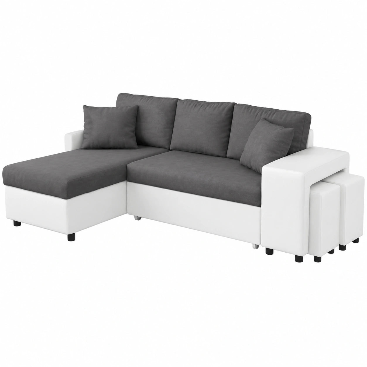 Sofá Esquinero Convertible Gris y Blanco con Almacenaje y Puf