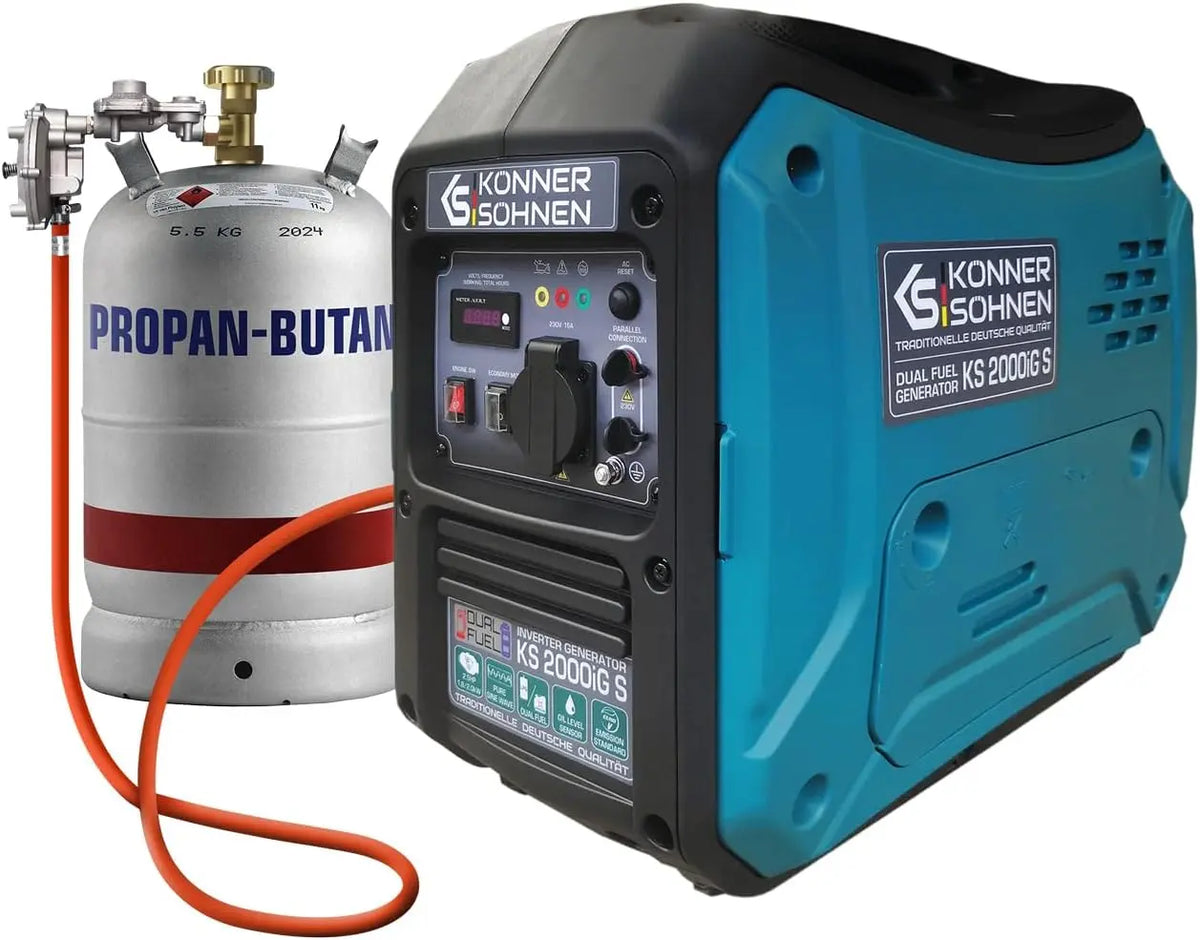 Generador de velocidad variable híbrido gas/gasolina Könner & Söhnen KS 2000iG S, 2000W, carcasa insonorizada (62dB), Schuko 230V, LED, modo eco