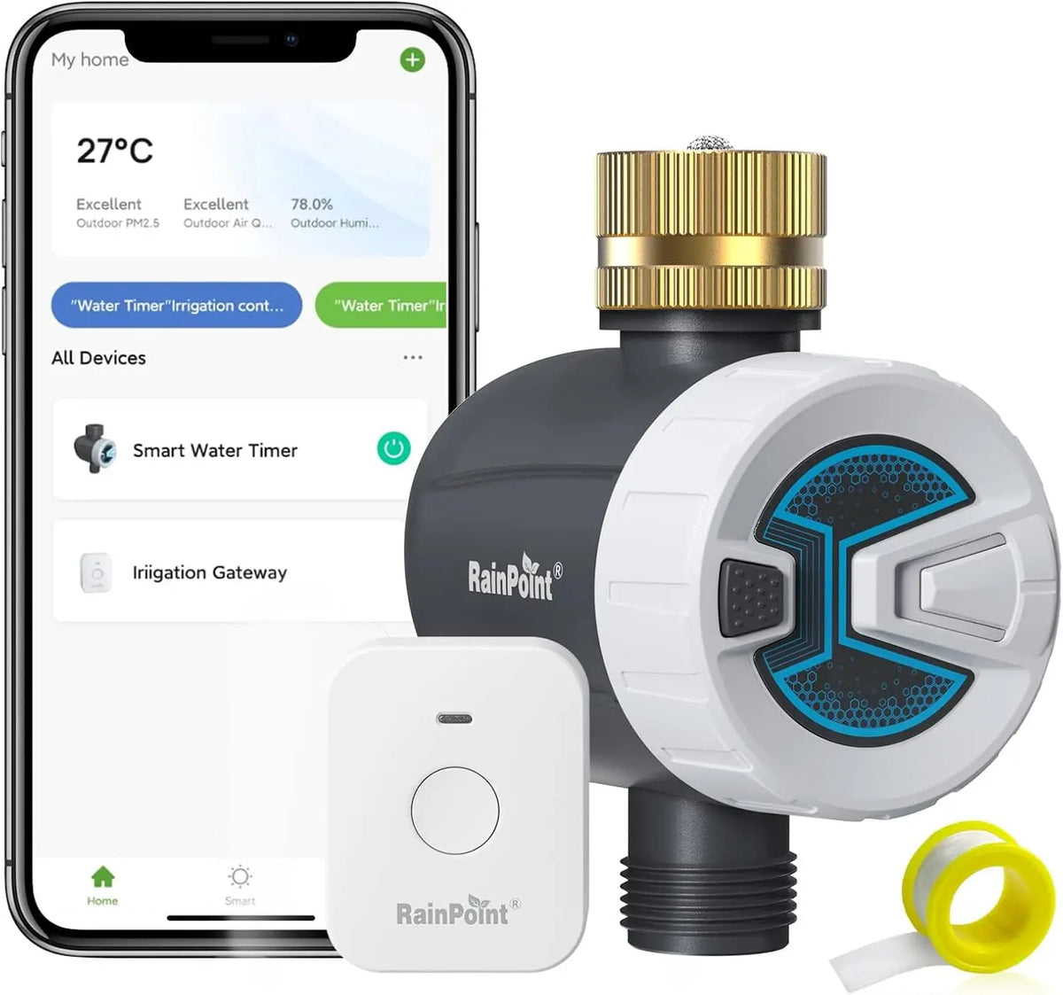 RAINPOINT Programador Riego WiFi, Temporizador Riego Automatico WiFi con Entrada de Latón, Modo de Ciclo y Remojo, 4 GHz o Bluetooth