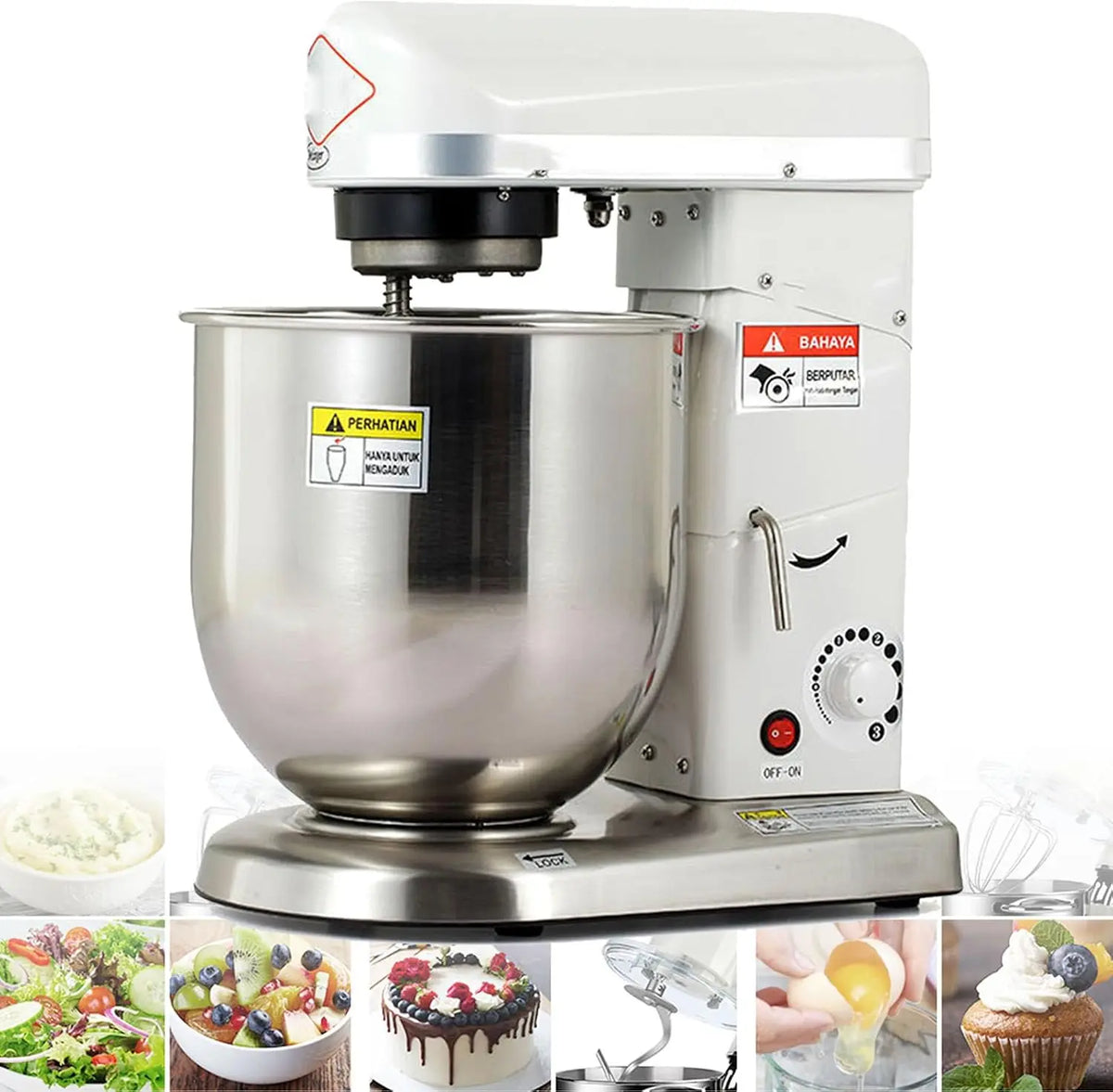 Amasadora profesional de pedestal, 3 velocidades, 10 l, 500 W, eléctrica, con batidor y gancho para amasar, para cocinas comerciales, color blanco.