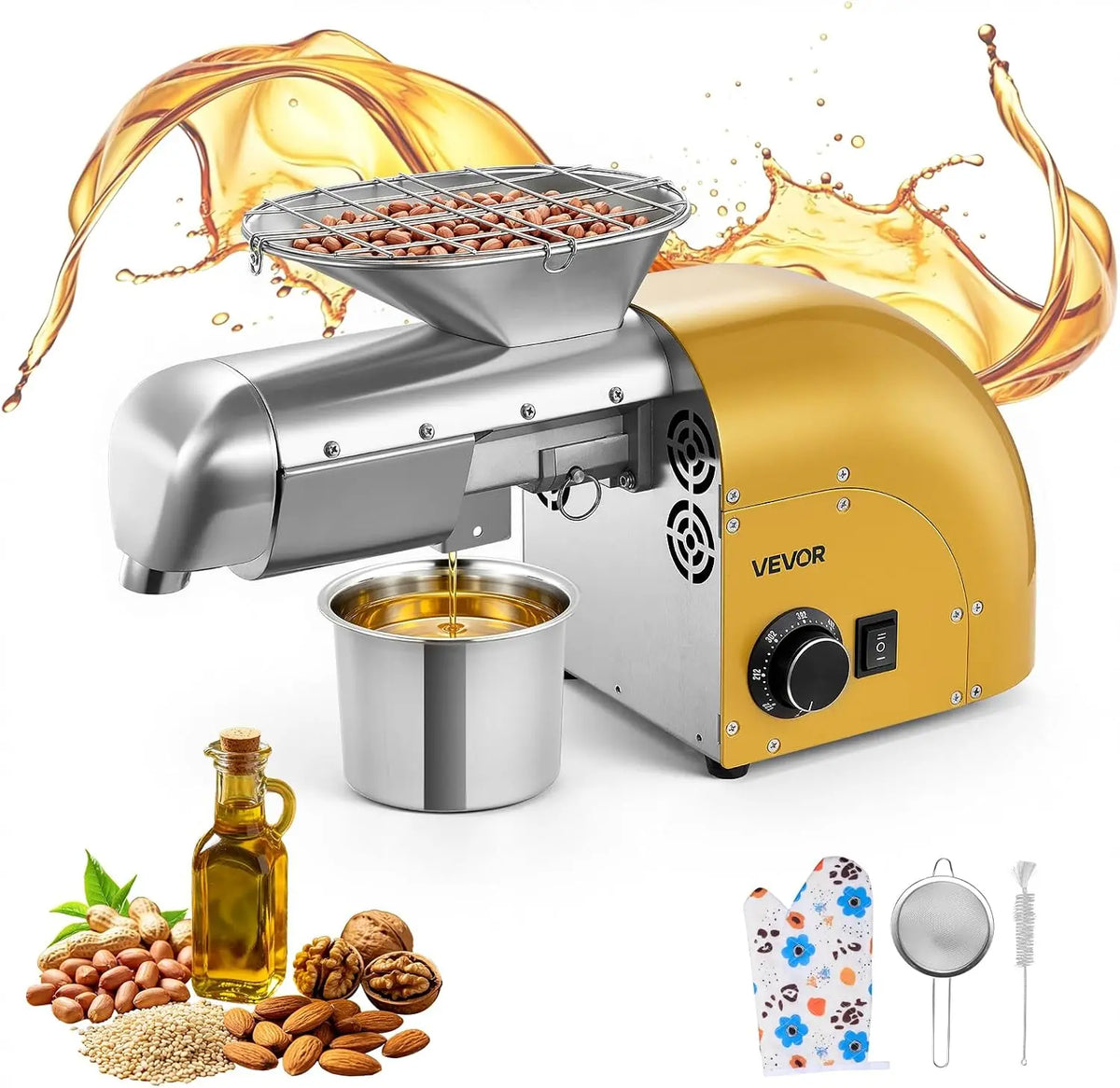 VEVOR Prensa de Aceite Eléctrica 1250 W, Máquina de Prensado de Aceite 5 kg/h, Prensado en Caliente y Frío 50-300 °C, Extractor de Acero Inoxidable
