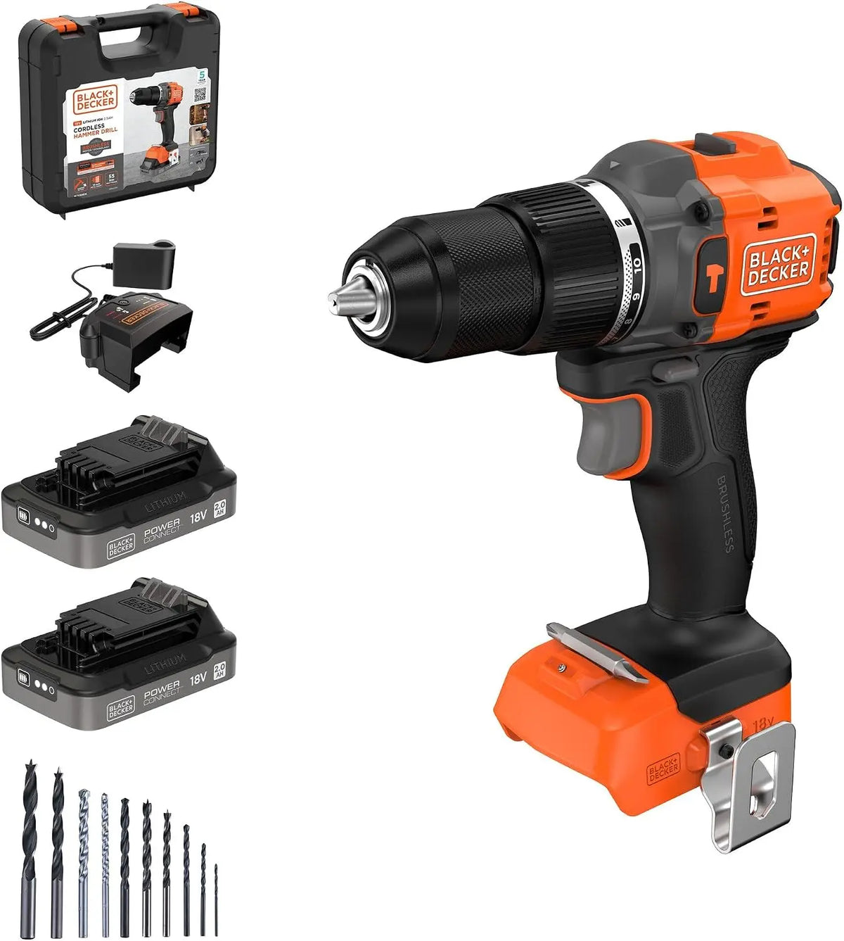 BLACK+DECKER Taladro percutor sin escobillas 18 V, BLD783D2KA-QW