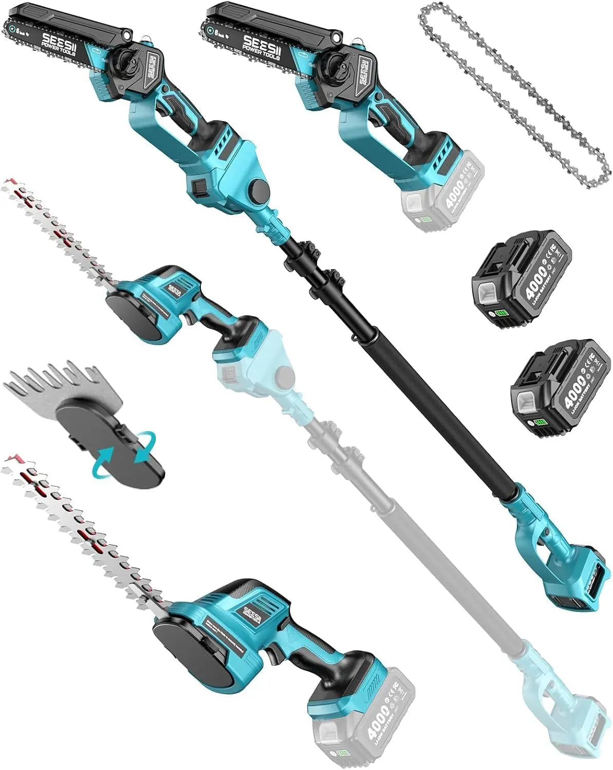 SEESII 6-en-1 Cortasetos Telescopico Bateria, 6 Pulgadas Mini Motosierra