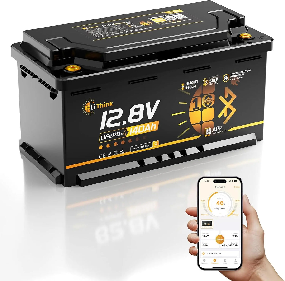 Bateria LiFePO4 12 V 140 Ah, Bateria Litio 12v H190 con Bluetooth, BMS de 200 A, LTP Función, Tamaño DIN H8 L5, CB/IEC 62619 ECE R10