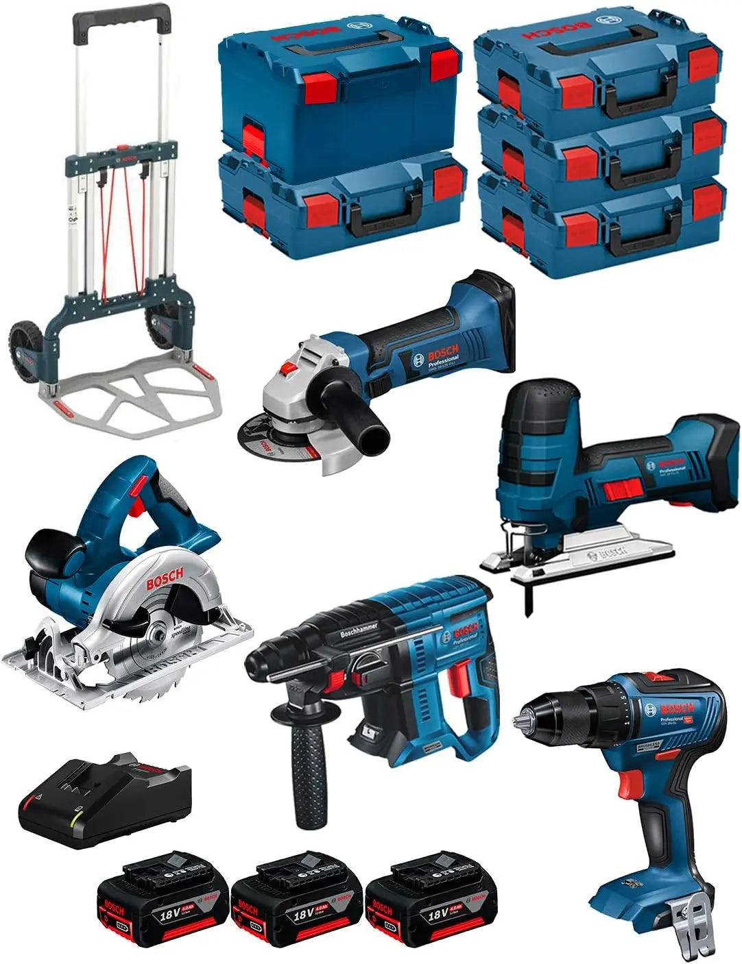 BOSCH conjunto 18V BK501 (GST 18 V-LI S + GKS 18 V-LI + GBH 18V-21 + GWS 18-125 V-LI + GSR 18V-55 + 3 Baterías de 4