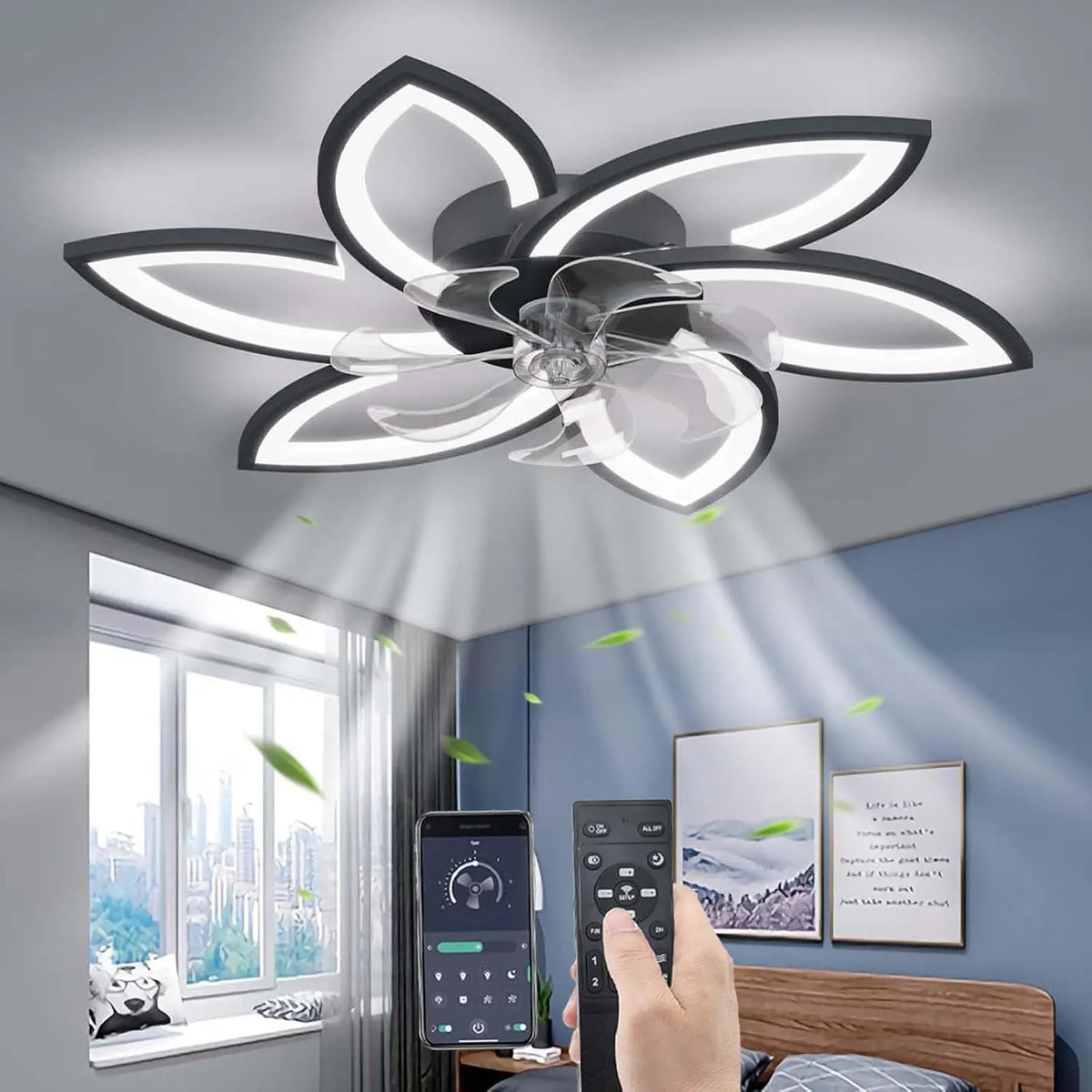 YUNZI Mute Ventilador de Techo con luz con Mando a Distancia, Ajustable 6 velocidades, Negro 78CM