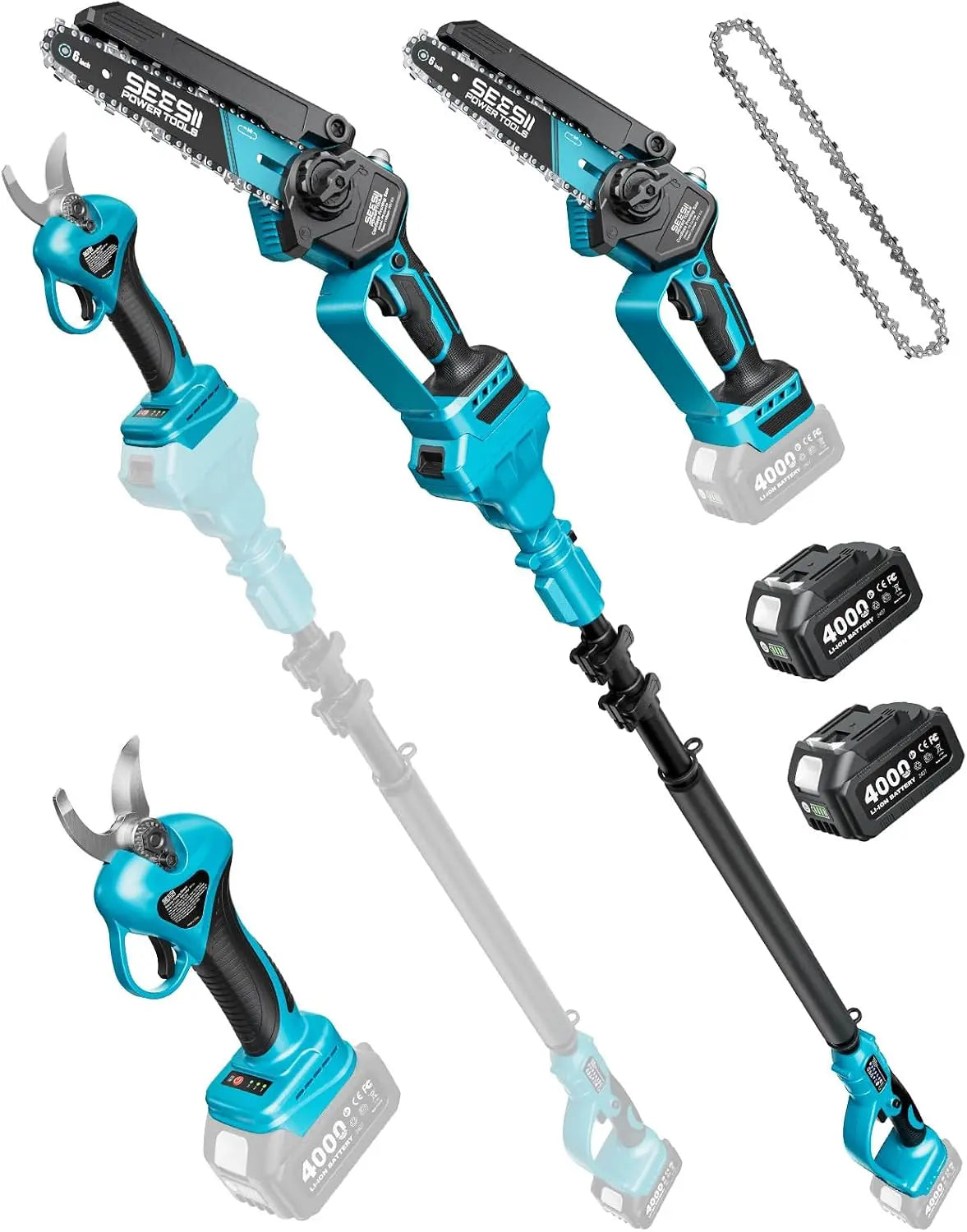 SEESII 6'' Mini Motosierra Bateria, 4 en 1 Tijeras de Podar de Jardín