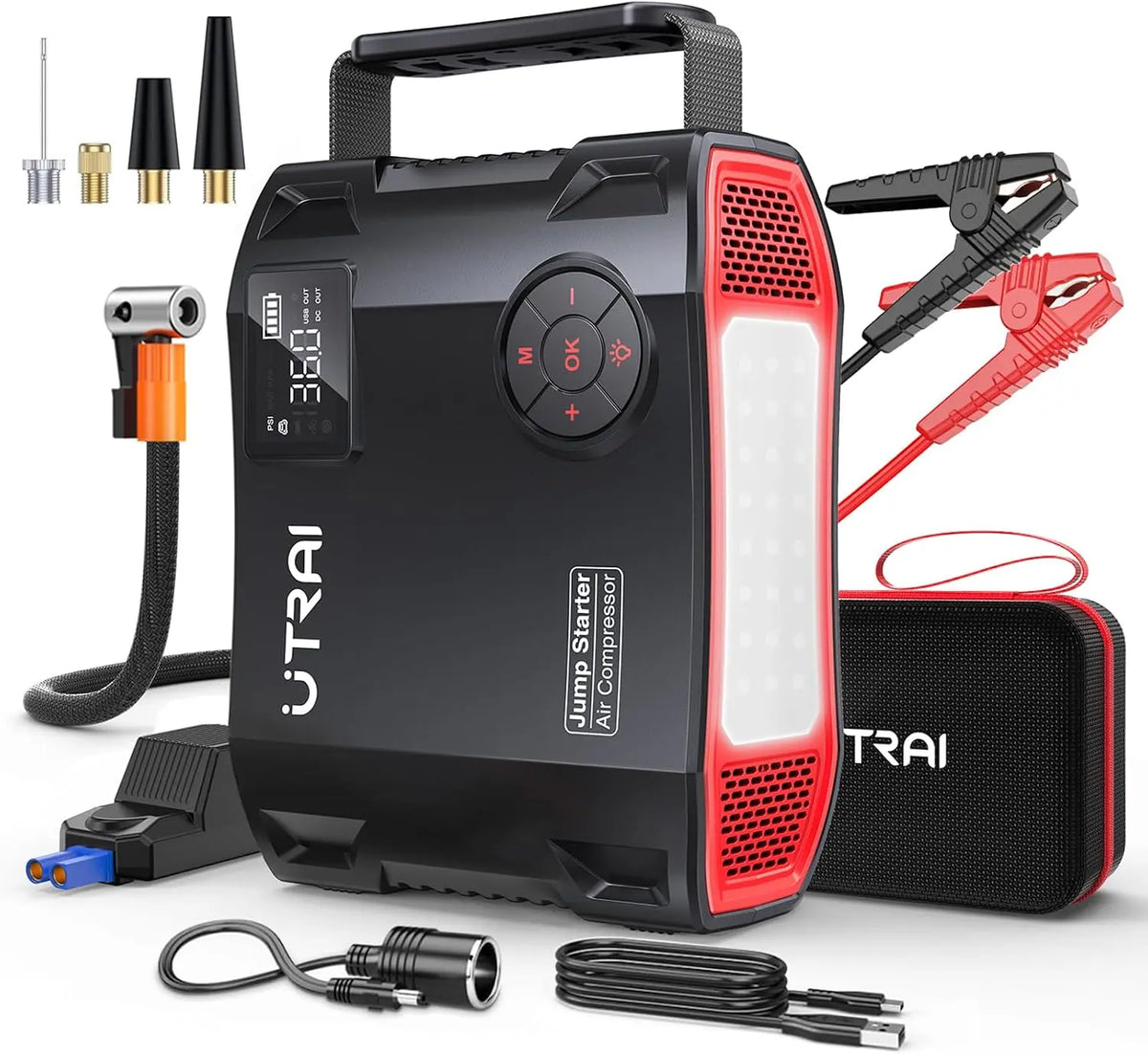 27000mAh Arrancador de Baterías de Coche con Compresor de Aire/18W Carga Rápida/Luz LED de 1600 lúmenes/160W DC out/Pantalla LCD/Carga rápida 3.0(Al