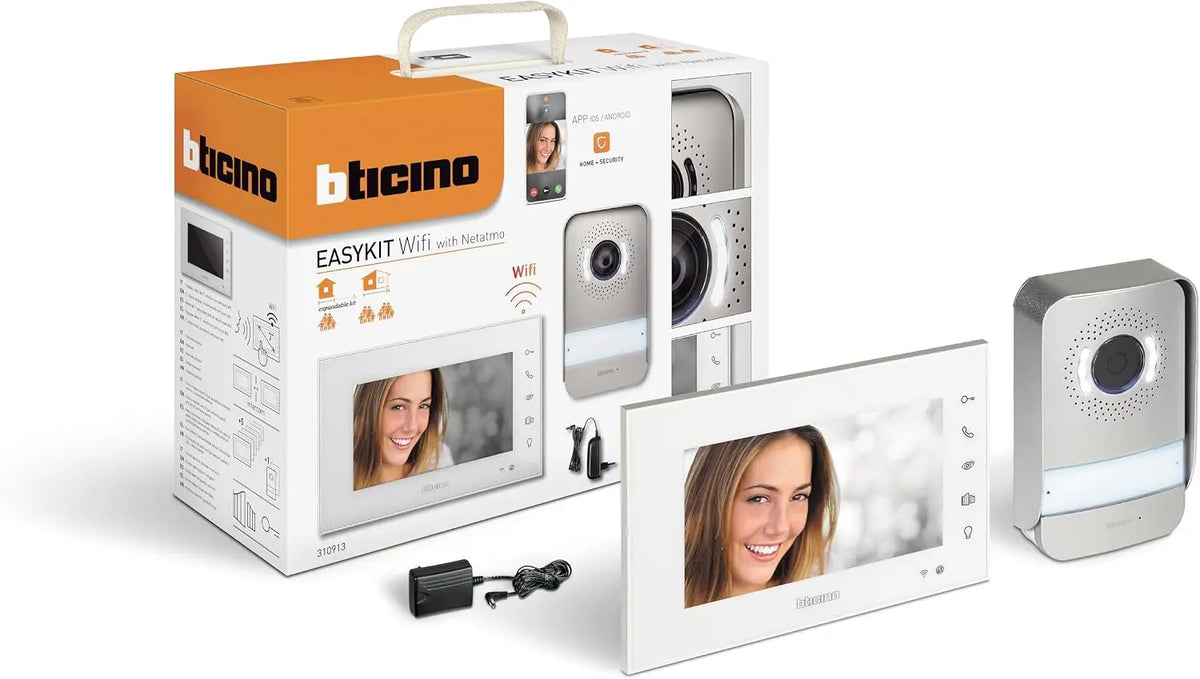 Bticino Easykit, Videoportero, monoparlante, enchufable, 2 Cables con 1 botón Externo, Timbre, cámara, Ampliable para bifamiliar, 310913