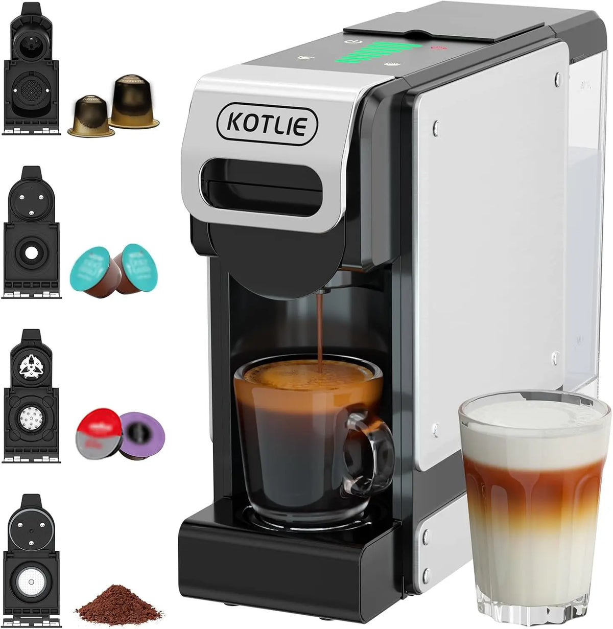 4 en 1 Máquina de Café en Cápsulas 19BAR para Lavazza MIO/Nespresso Original/Dolce Gusto cápsulas y Café Molido, 1L, 1450 W (negro-ES)