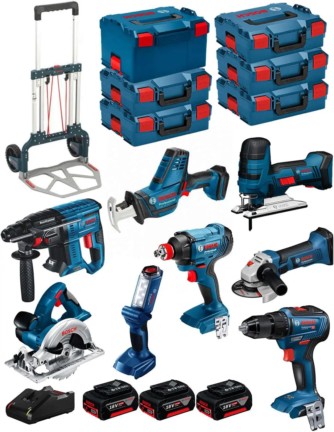 BOSCH conjunto 18V BK801 (GST 18 V-LI S + GKS 18 V-LI + GBH 18V-21 + GWS 18-125 V-LI + GSR 18V-55 + GSA 18 V-LI C + GDX 18V-180 + GLI 18V-300 + 3 Ba