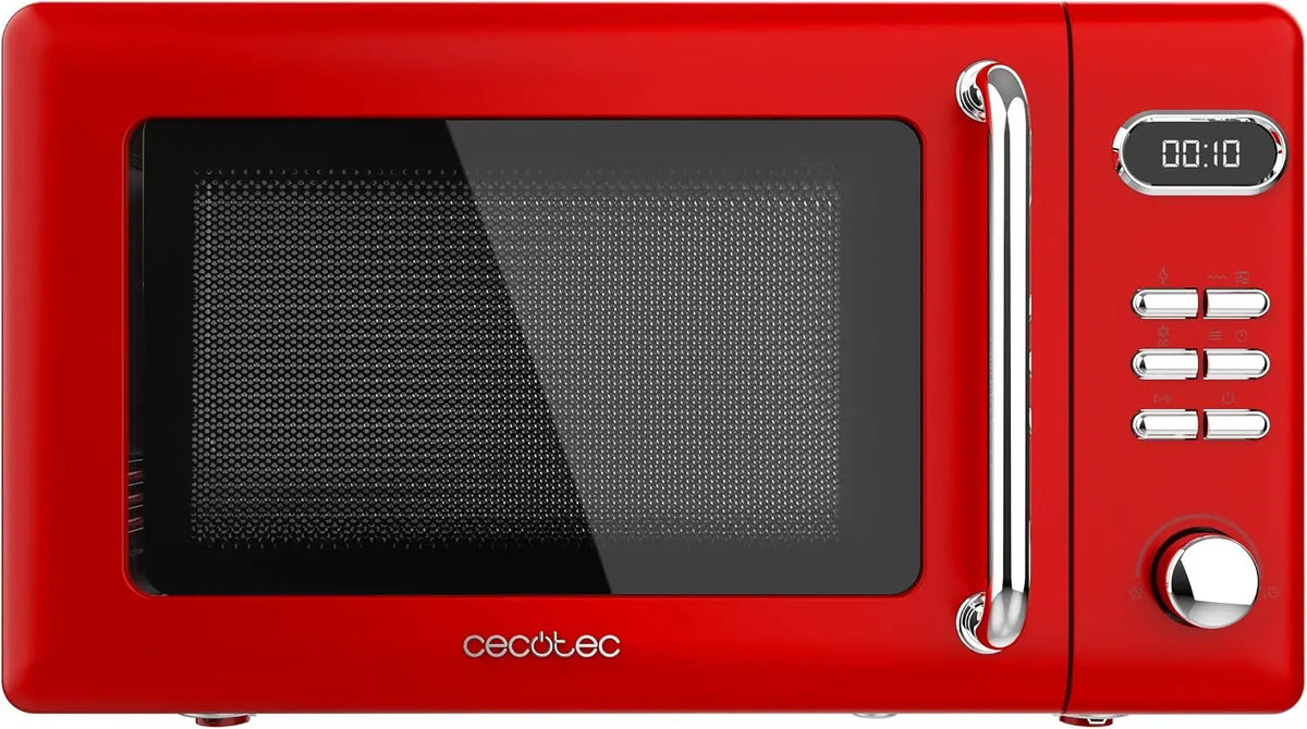 Cecotec Microondas Digital con Grill de 20 L Proclean 5110 Retro rojo. 700 W en 5 Niveles, Temporizador hasta 60 mins, Diseño Vintage en Rojo