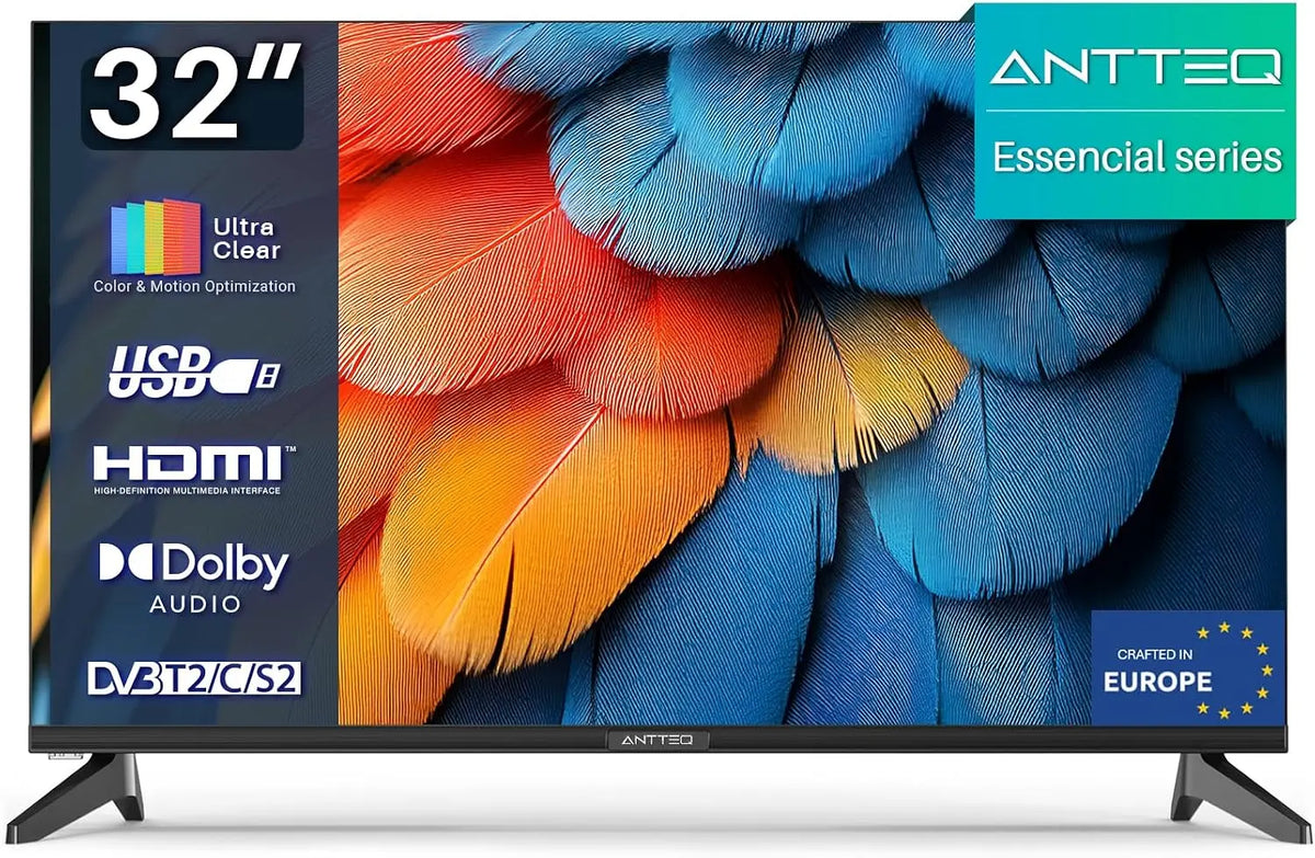 Antteq Essential serie TV 32 Pulgadas (81cm) HD, Triple Tuner (DVB-T/DVB-T2/DVB-C/S2), H.264/AVC, H.265/HEVC, USB-Media Player, HDMI, Dolby Audio