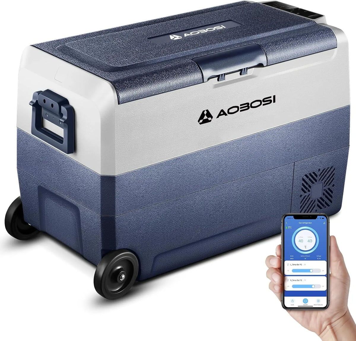 AAOBOSI 50l Nevera Portatil con Ruedas, Nevera Compresor Doble Zona con APP y Puerto USB, Nevera Camping 20 °C a -20 °C, 12/24V DC, 100-240V AC