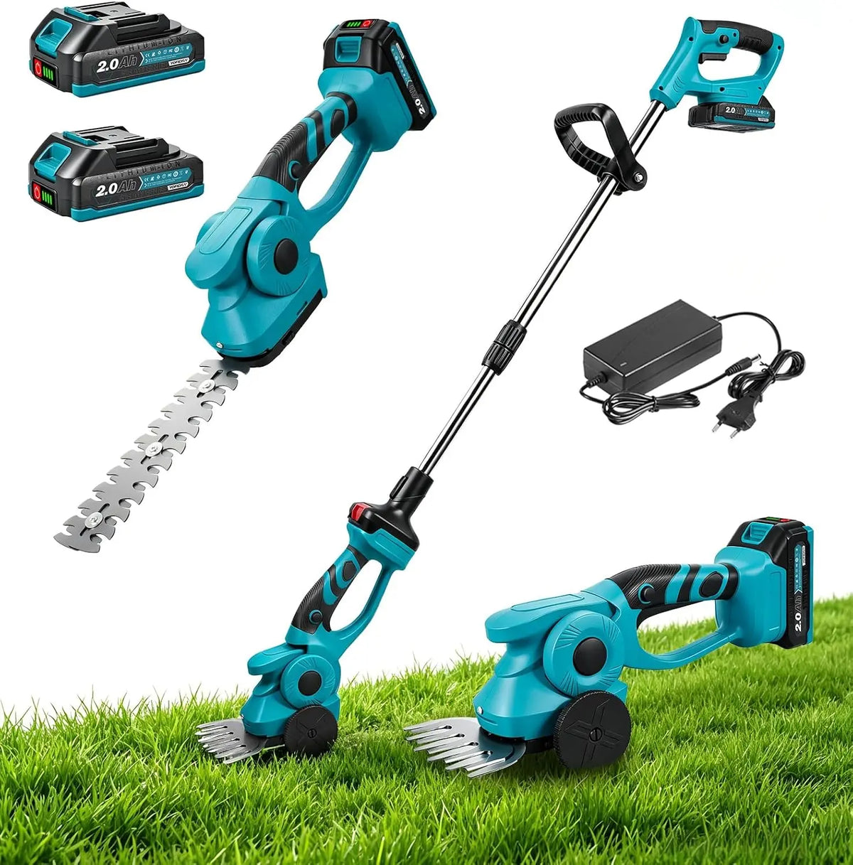 Yofidra Cortasetos de Batería con Mango Telescópico, 100 cm, Tijeras 3 en 1 con Ruedas, Cortasetos Eléctrico Inalámbrico con Batería