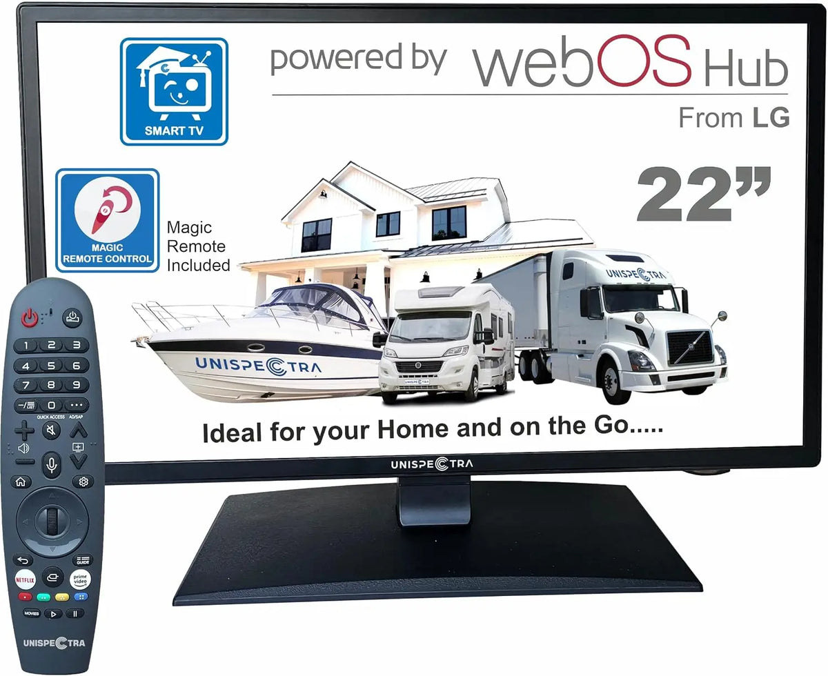 Unispectra inteligente TV de 22 Pulgadas 12v (webOS) ELED alta definición completa 240v 24v 12v TV Freeview & Sat sintonizador, 3X HDMI, 2X USB
