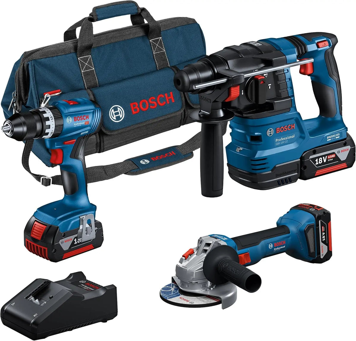 Bosch profesional 18V sistema Combo-conjunto, GSB 18V-45 + GBH 18V-22 + GWS 18V-8 (incl. 3 GBA 4, 0 Ah, GAL 18V-40, Maletín, Amazon Exclusive)